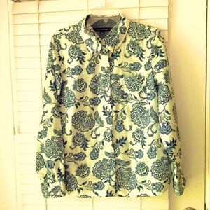 Tommy Hilfiger Top Button Down Shirt Roll Tab SZ L Blue Gray Floral